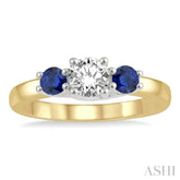 3.50 MM Round Shape Sapphire and 3/8 Ctw Past, Present and Future Round Cut Diamond Precious Ring in 14K Yellow and White Gold