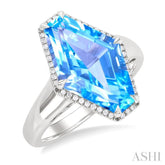 16x10 MM Hexagon Shape Blue Topaz and 1/10 Ctw Round Cut Diamond Halo Semi-Precious Ring in 14K White Gold