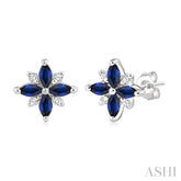 4X2 MM Marquise Shape Sapphire and 1/10 Ctw Round Cut Diamond Blossom Earrings in 10K White Gold