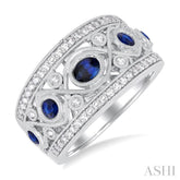4x3 MM Oval, 2.8 MM and 2.4 MM Round Cut Sapphire and 3/8 Ctw Criss Cross Framework Single Cut Diamond Precious Band in 14K White Gold