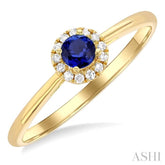 3.25 MM Round Sapphire and 1/20 Ctw Single Cut Diamond Halo Precious Ring in 10K Yellow Gold