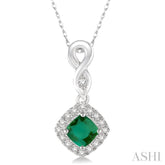 4x4 MM Cushion Shape Emerald and 1/10 Ctw Round Cut Diamond Pendant in 14K White Gold with Chain