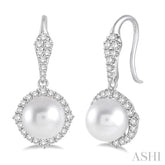 8 MM Cultured Pearls and 5/8 Ctw Round Cut Diamond Earrings in 14K White Gold