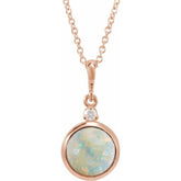 14K Rose Gold 8 mm Natural White Opal & .03 CT Natural Diamond Cabochon 16-18" Necklace
