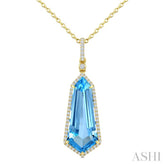 22X9 MM Shield Shape Blue Topaz and 1/4 Ctw Round Cut Diamond Semi-Precious Pendant With Chain in 14K Yellow Gold
