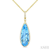 22X8 MM Pear Shape Blue Topaz and 1/4 Ctw Round Cut Diamond Semi-Precious Pendant With Chain in 14K Yellow Gold