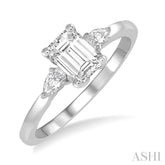 1/2 Ctw Octagon Emerald and Pear Cut Diamond Ladies Engagement Ring with 1/3 Ct Emerald Cut Center Stone in 14K White Gold