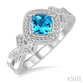 5x5 MM Cushion Shape Blue Topaz and 1/50 Ctw Round Cut Diamond Sterling Silver Ring