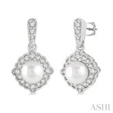 6 MM Cultured Pearl and 1/4 Ctw Round Cut Diamond Halo Earrings in 10K White Gold