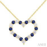 2.3 MM Round Cut Sapphire and 1/2 Ctw Open Heart Round Cut Diamond Precious Fashion Pendant With Chain in 14K Yellow Gold