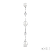 4 MM, 5 MM & 6 MM Round Shape Cultured Pearls and 1/10 Ctw Round Cut Diamond Station Long Earring in 14K White Gold