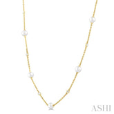 3 MM Round Shape Cultured Pearl and 1/8 Ctw Round Cut Diamond Station Necklace in 14K Yellow Gold