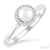 5 MM White Cultured Pearl and 1/20 Ctw Round Cut Diamond Halo Ring in 14K White Gold