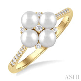 4 MM Floral Center Round Shape Cultured Pearl and 1/8 Ctw Round Cut Diamond Fashion Ring in 10K Yellow Gold