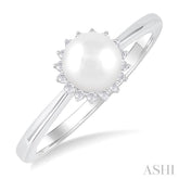 6 MM Round Shape Cultured Pearl and 1/10 Ctw Petite Round Cut Diamond Floral Halo Fashion Ring in 10K White Gold