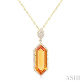 26x10 MM Hexagon Shape Citrine and 1/2 Ctw Round Cut Diamond Halo Semi-Precious Pendant With Chain in 14K Yellow Gold