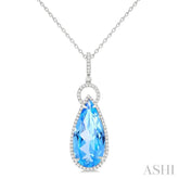 22X10 MM Pear Cut Blue Topaz and 1/3 Ctw Round Cut Diamond Halo Semi-Precious Pendant With Chain in 14K White Gold