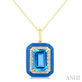 14x10 MM Emerald Cut Blue Topaz and 1/5 Ctw Round Cut Diamond Halo & Blue Enamel Border Semi-Precious Pendant With Chain in 14K Yellow Gold