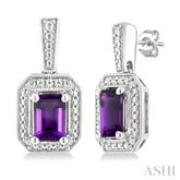 6X4 MM Octagon Shape Amethyst and 1/50 Ctw Round Cut Diamond Semi-Precious Earrings in Sterling Silver