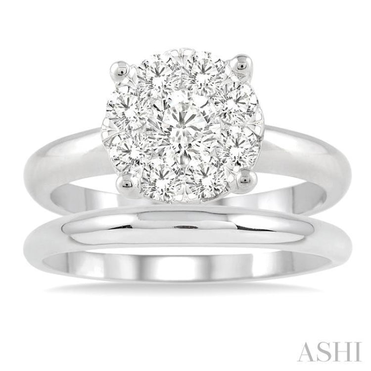1 Ctw Lovebright Round Cut Diamond Wedding Set With 3/4 Ctw Circular Engagement Ring and 1/3 Ctw U-Shape Center Wedding Band in 14K White Gold