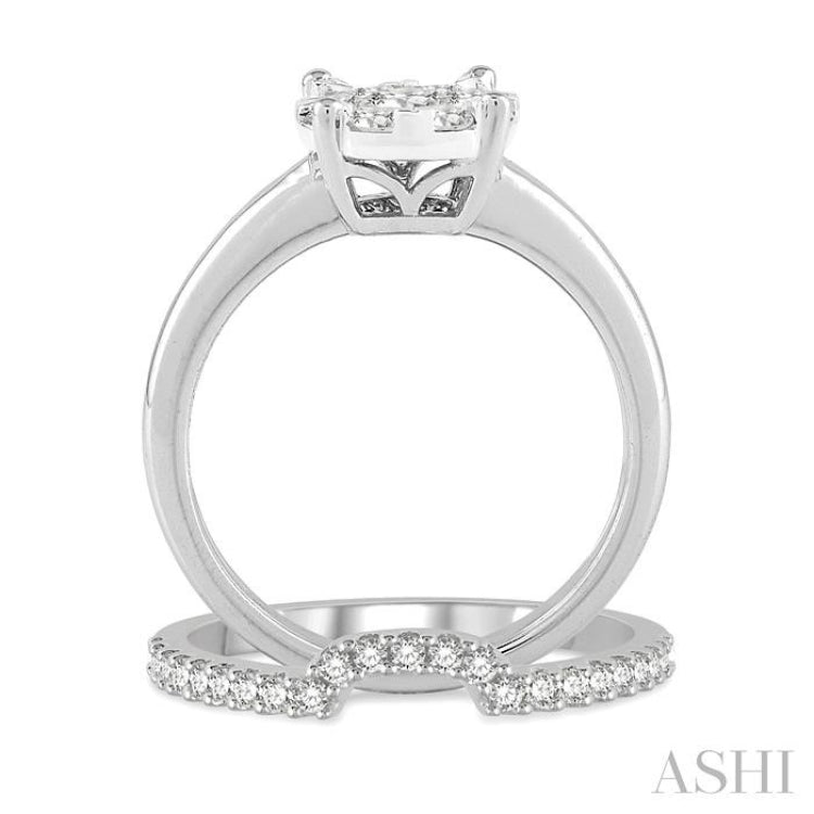 1/5 Ctw Lovebright Round Cut Diamond Wedding Set With 1/8 Ctw Circular Engagement Ring and 1/10 Ctw U-Shape Center Wedding Band in 14K White Gold