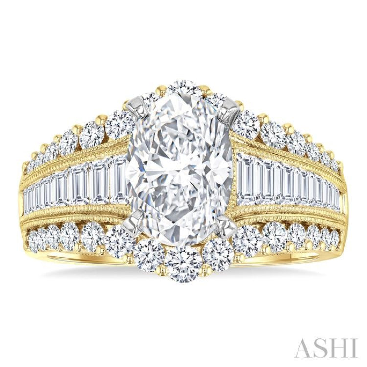 1 1/2 Ctw Baguette and Round Cut Diamond Oval Shape Semi-Mount Engagement Ring in 14K Yellow and White Gold