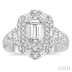 1 1/10 Ctw Emerald Shape Baguette and Round Cut Diamond Semi-Mount Engagement Ring in 14K White Gold