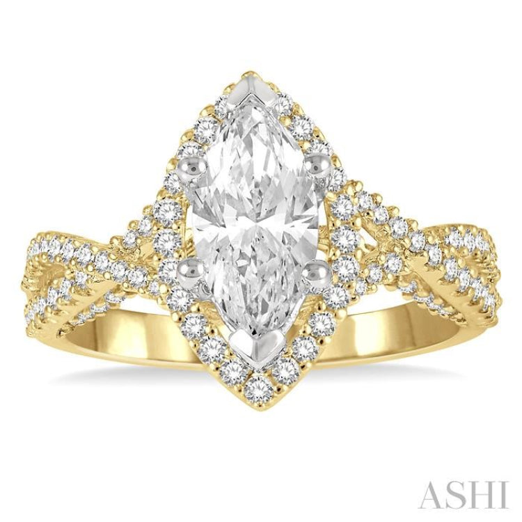 5/8 Ctw Marquise Shape Criss Cross Shank Round Cut Diamond Semi-Mount Engagement Ring in 14K Yellow and White Gold