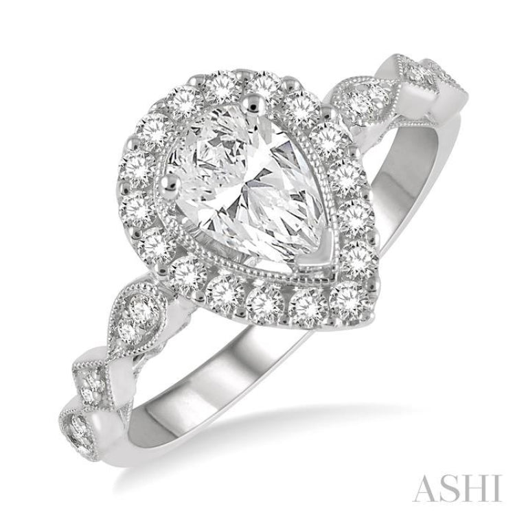 1/3 Ctw Pear Shape Carved Shank Round Cut Diamond Semi-Mount Engagement Ring in 14K White Gold