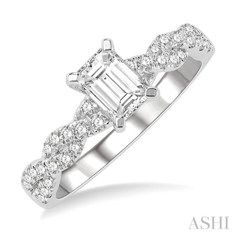 7/8 Ctw Twisted Shank Round Cut Diamond Engagement Ring With 1/2 Ct Emerald Cut Center Stone in 14K White Gold
