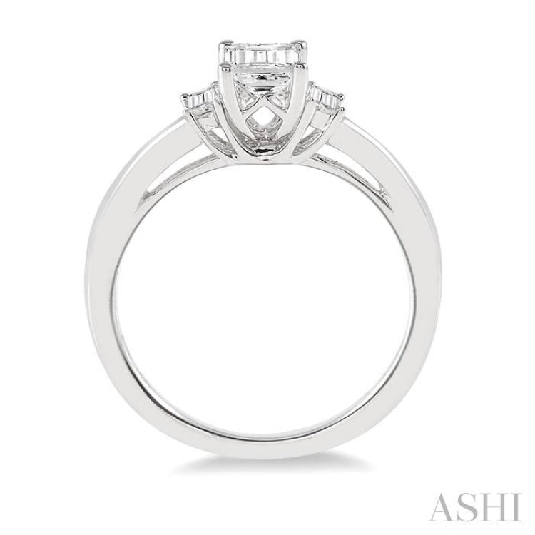 3/8 Ctw Octagonal and Baguette Diamond Ladies Engagement Ring with 1/3 Ct Emerald cut Center Stone in 14K White Gold