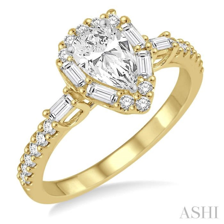 1 Ctw Diamond Engagement Ring with 1/2 Ct Pear Shape Center Stone in 14K Yellow and White Gold