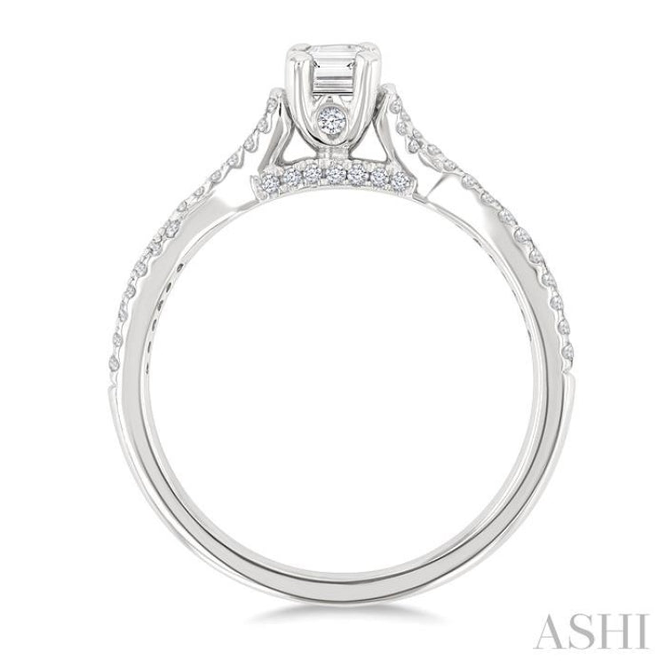 1/2 Ctw Criss Cross Shank Round Cut Diamond Engagement Ring With 1/3 Ct Emerald Cut Diamond Center Stone in 14K White Gold