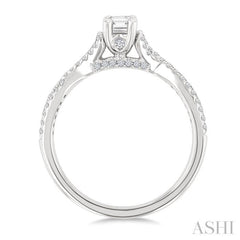 1/2 Ctw Criss Cross Shank Round Cut Diamond Engagement Ring With 1/3 Ct Emerald Cut Diamond Center Stone in 14K White Gold