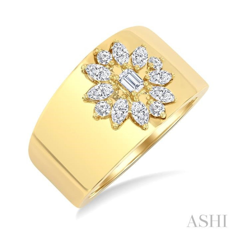 5/8 Ctw Mixed Cut Diamond Floral Centerpiece Bold Gold Wide Band in 14K Yellow Gold