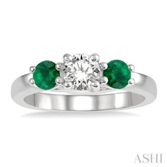 3.90 MM Round Shape Emerald and 1/2 Ctw Past, Present and Future Round Cut Diamond Precious Ring in 14K White Gold