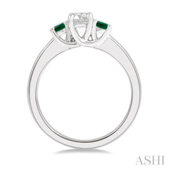 2.70 MM Round Shape Emerald and 1/3 Ctw Past, Present and Future Round Cut Diamond Precious Ring in 14K White Gold