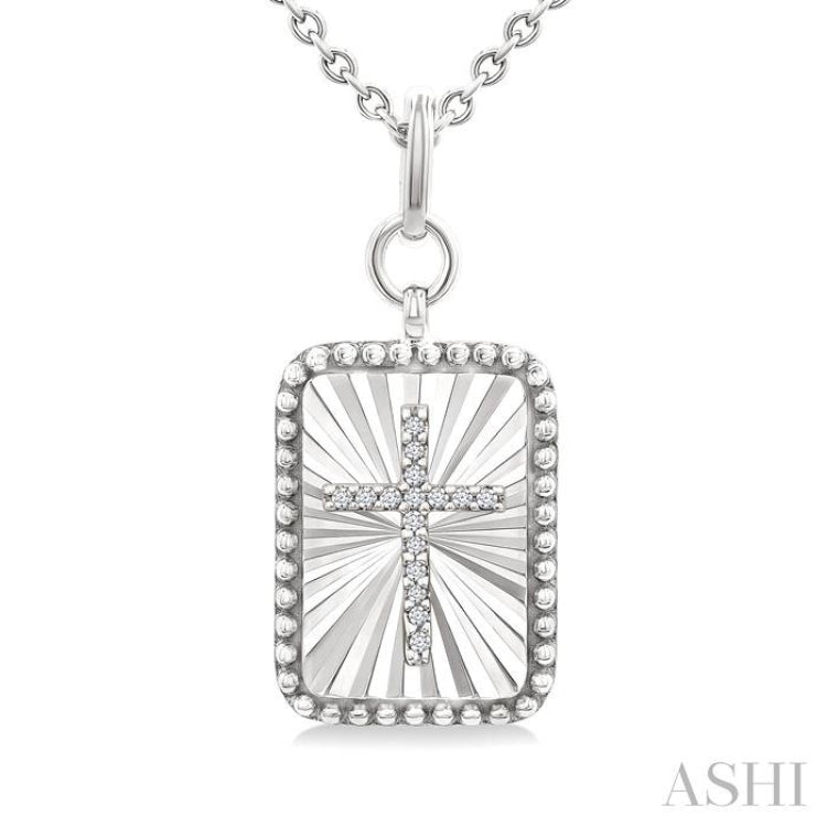 1/20 Ctw Rectangle Fluted Medallion Round Cut Diamond Cross Pendant With Chain in Sterling Silver