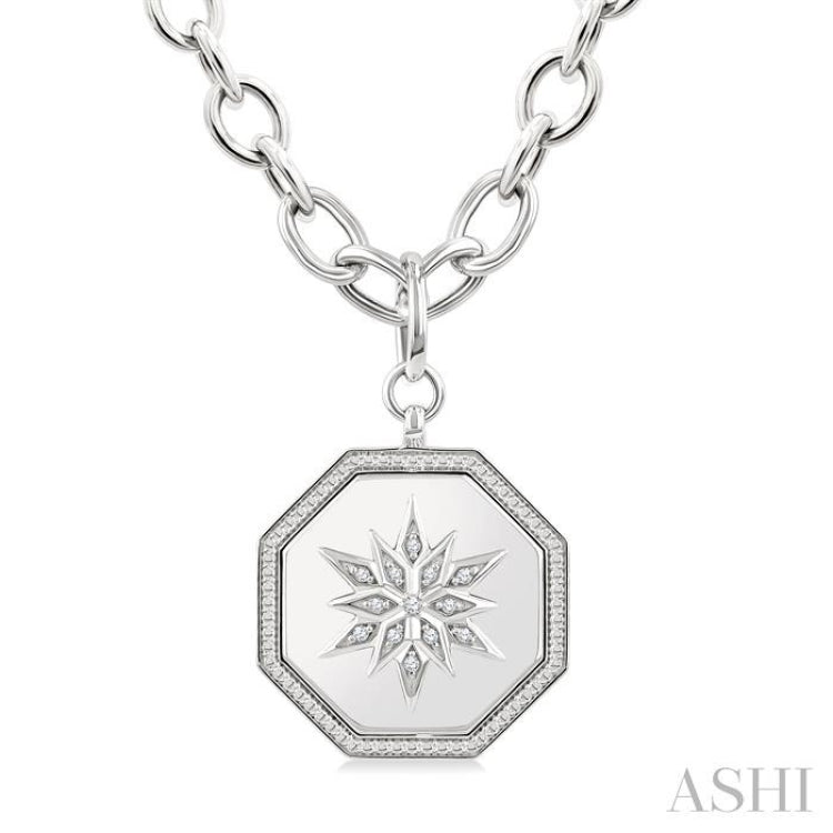 1/20 Ctw Octagon Shape medallion Round Cut Diamond Star Pendant With Chain in Sterling Silver