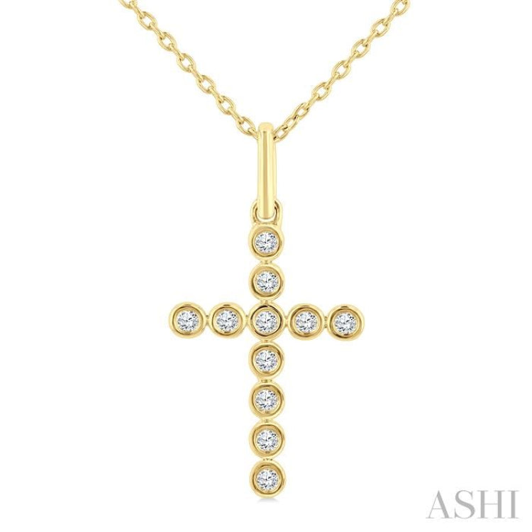 1/10 Ctw Single Cut Diamond Bezel Set Cross Petite Pendant With Chain in 10K Yellow Gold