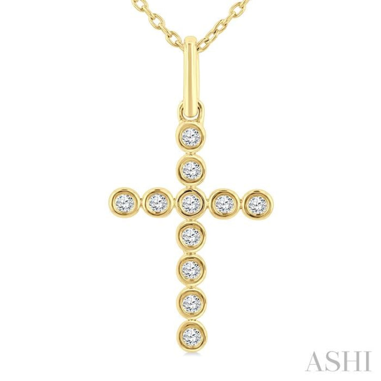 1/10 Ctw Round Cut Diamond Bezel Set Cross Petite Pendant With Chain in 10K Yellow Gold