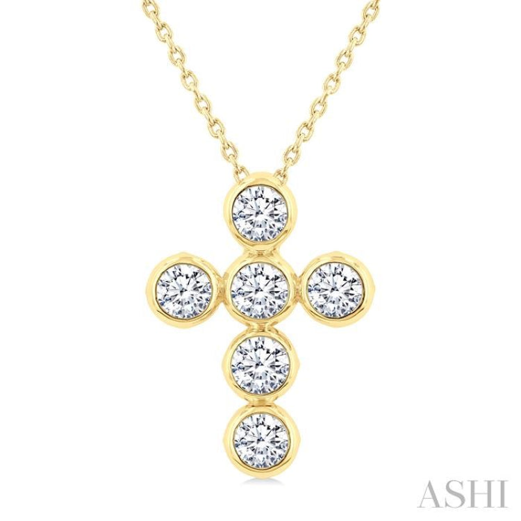 1 1/2 Ctw Round Cut Diamond 6-Stone Bezel Set Cross Pendant With Chain in 14K Yellow Gold
