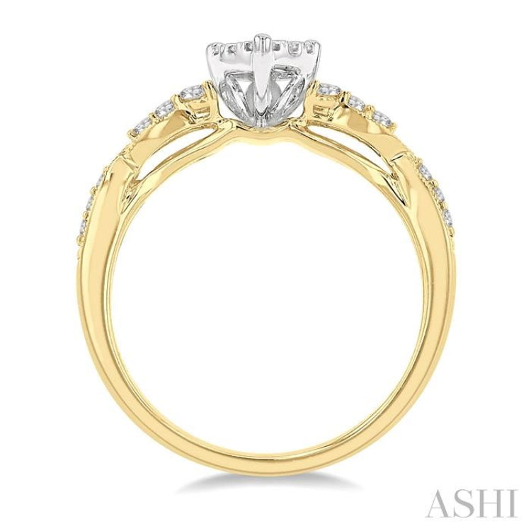 1/2 Ctw Pear Shape Center Criss Cross Carved Shank Lovebright Round Cut Diamond Engagement Ring in 14K Yellow and White Gold