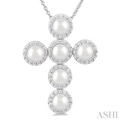 4 MM Cross Cultured Pearl and 1/3 Ctw Round Cut Diamond Pendant With Chain in 14K White Gold