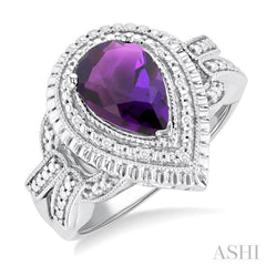 10X7 MM Pear Cut Amethyst and 1/20 Ctw Round Cut Diamond Semi-Precious Ring in Sterling Silver