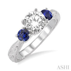 4 MM Round Cut Sapphire and 1/50 Ctw Diamond Semi-Mount Engagement Ring in 14K White Gold