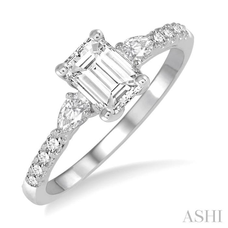 7/8 Ctw Pear & Round Cut Diamond Engagement Ring With 1/2 Ct Emerald Cut Center Stone in 14K White Gold
