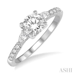 7/8 Ctw Pear and Round Cut Diamond Engagement Ring With 1/2 Ct Round Cut Center Stone in 14K White Gold
