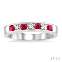 2.5 MM Round Cut Ruby and 1/5 Ctw Channel Set Round Cut Diamond Band in 14K White Gold