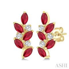 4X2 MM Marquise Shape Ruby and 1/6 Ctw Round Cut Diamond Zig-Zag Precious Earrings in 14K Yellow Gold